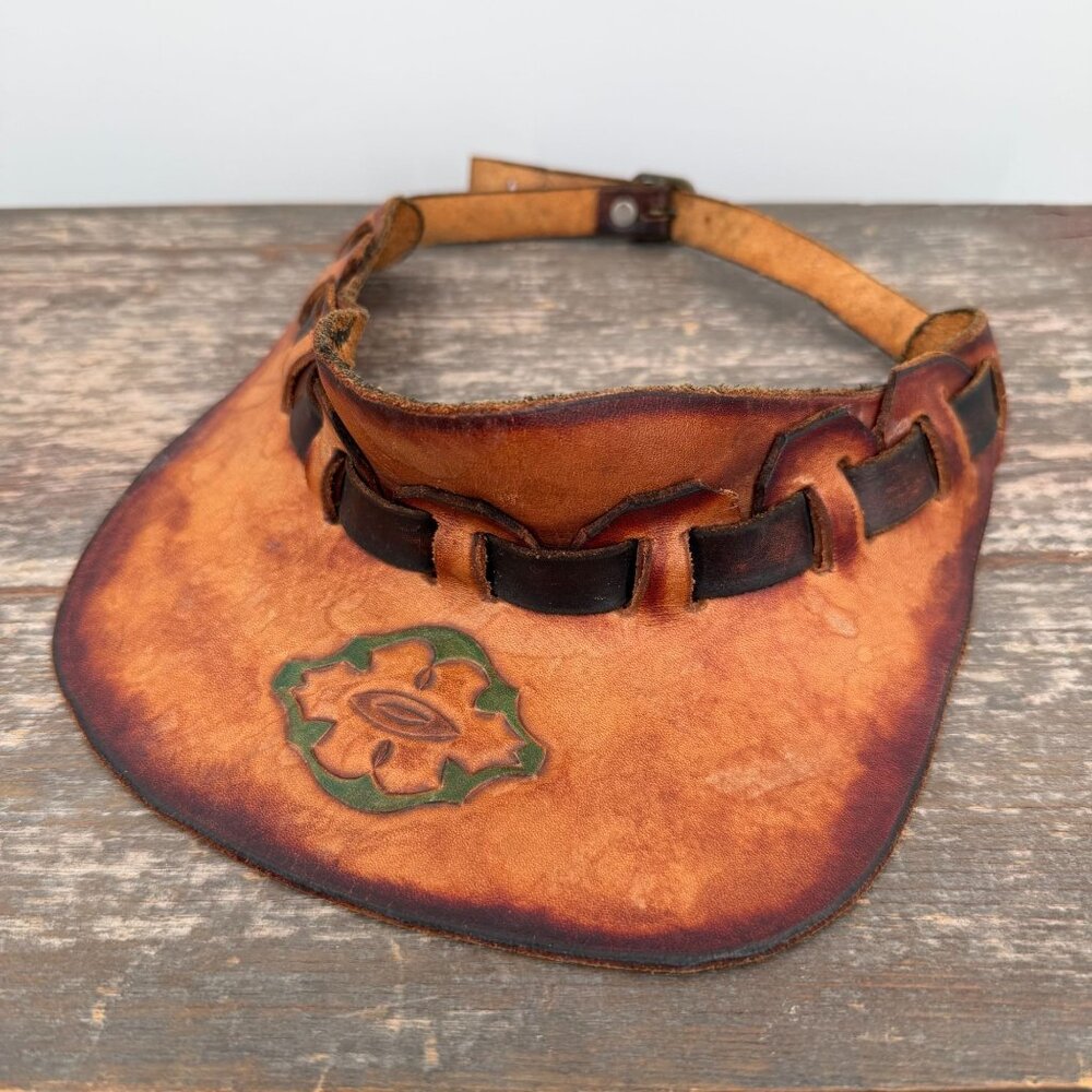 Vintage Tooled Leather Sun Visor Hat Brown Floral Boho 70's Western Retro Hippie